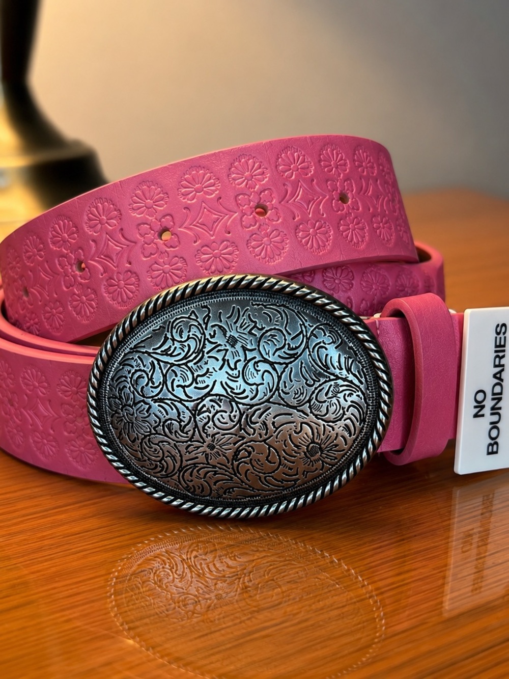 No Boundaries Pink Western Embossed Belt Silver Oval Buckle XL